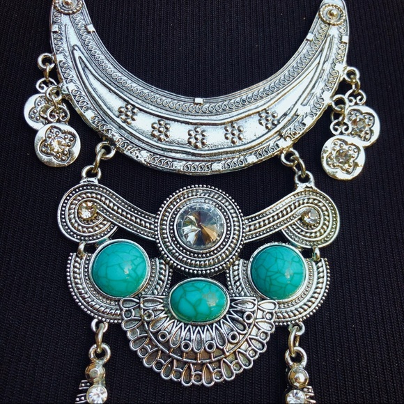 Boho Silver & Turquoise Tassel Choker Necklace - Picture 4 of 7